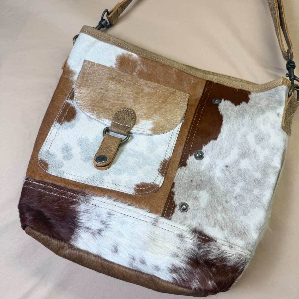 Myra Bag Cowhide Leather Patchwork Crossbody Shoulder Bag Brown White Western